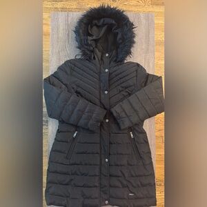 Black Quilted Hooded Coat with faux trim removable hoodie. Size XL.